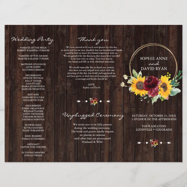 Burgundy Sonnenblumen Wood Tri+Fold Hochzeitsprogr Flyer (Vorne)