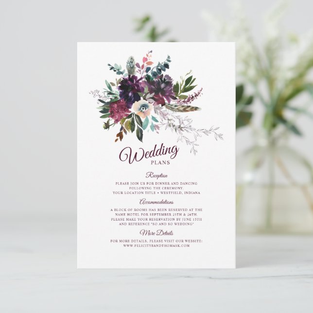 Burgundy Splendor Boho Floral Wedding Plans Begleitkarte (Stehend Vorderseite)