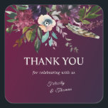 Burgundy Splendor Watercolor Boho Floral Thank You Quadratischer Aufkleber<br><div class="desc">Watercolor floral elements in beautiful colors,  set over a burgundy washed canvas,  finished with elegant ivory calligraphy...  highlighting the bride and groom's sentiments.</div>