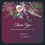 Burgundy Splendor Watercolor Floral Thank You Quadratischer Aufkleber<br><div class="desc">Watercolor floral elements in beautiful colors,  set over a burgundy washed canvas,  and finished with elegant ivory calligraphy...  highlighting the bride and groom's sentiments.</div>