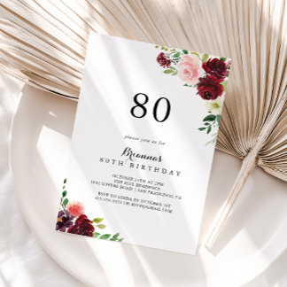Burgundy Spring Floral 80. Geburtstagsparty Einladung