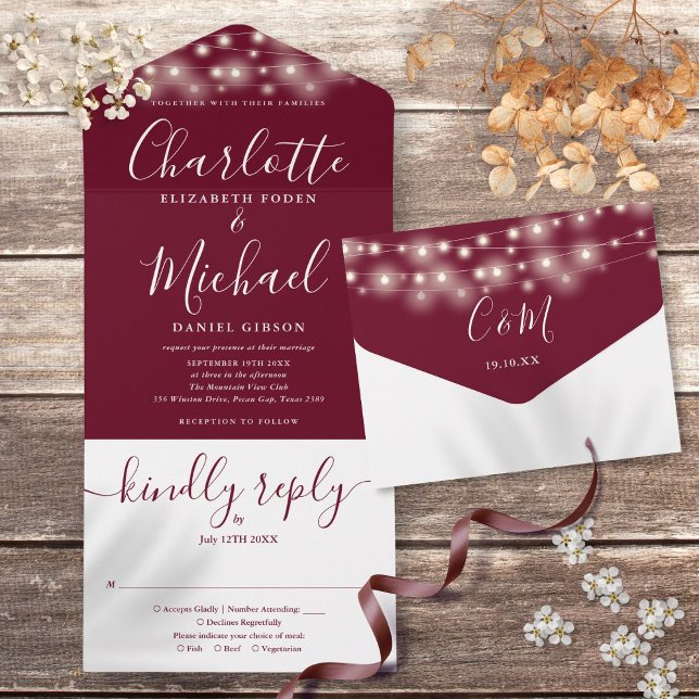 Burgundy String Lights Elegante Script Wedding All In One Einladung (Burgundy String Lights Elegant Script Wedding All In One Invitation)