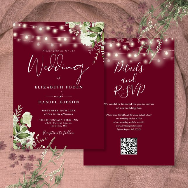 Burgundy String Lights Floral QR Code Wedding Einladung (Burgundy String Lights Floral QR Code Wedding Invitation)