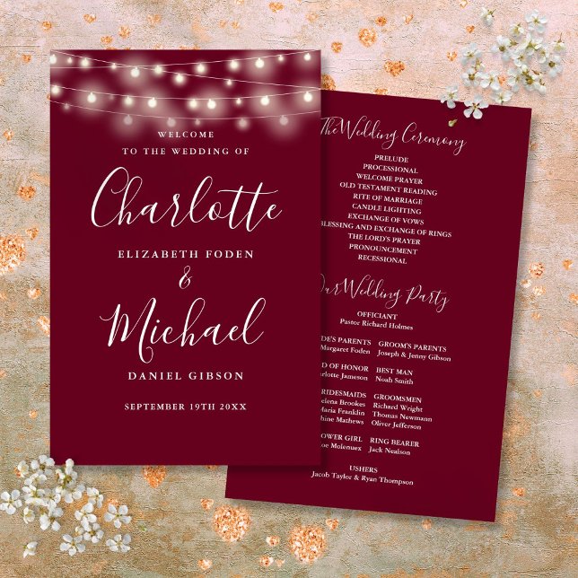 Burgundy String Lights Hochzeitsprogramm (Burgundy String Lights Wedding Program)