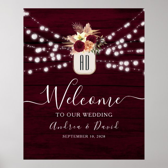 Burgundy String Lights Hochzeitwillkommene Poster (Vorne)