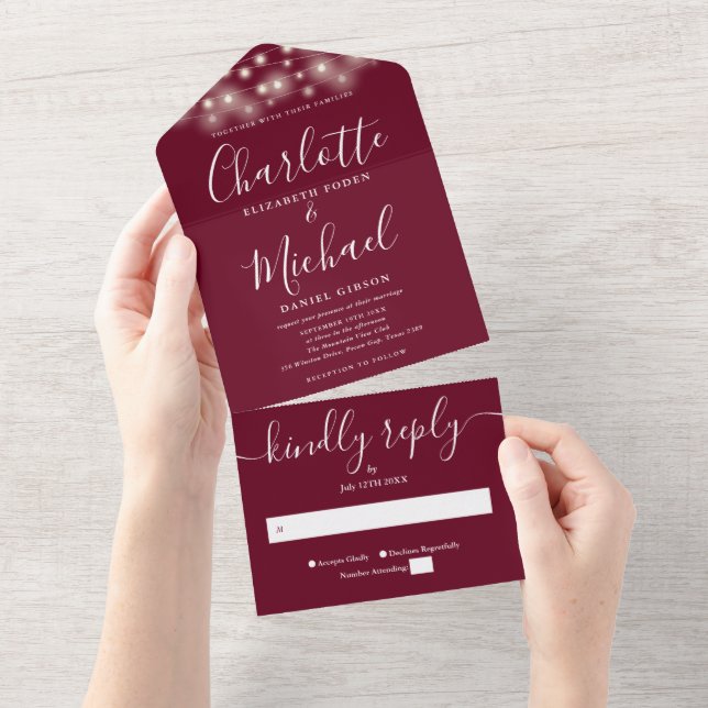 Burgundy String Lights Moderne Script Wedding All In One Einladung (Abreißen)