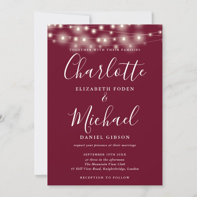 Burgundy String Lights Script Foto Wedding Einladung (Vorderseite)