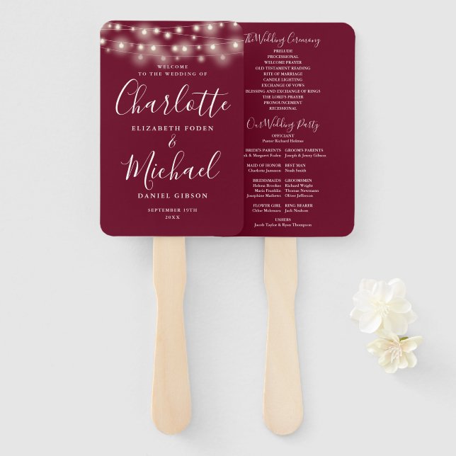 Burgundy String Lights Script Wedding Program Fächer (Vorne und Hinten)