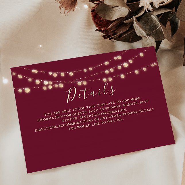 Burgundy String Lights Wedding Details Card Begleitkarte (Von Creator hochgeladen)