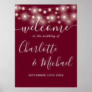 Burgundy String Lights Wedding Welcome Sign Poster