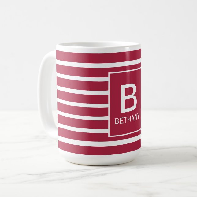 Burgundy Striped Monogram Personalised Kaffeetasse (Vorderseite Links)
