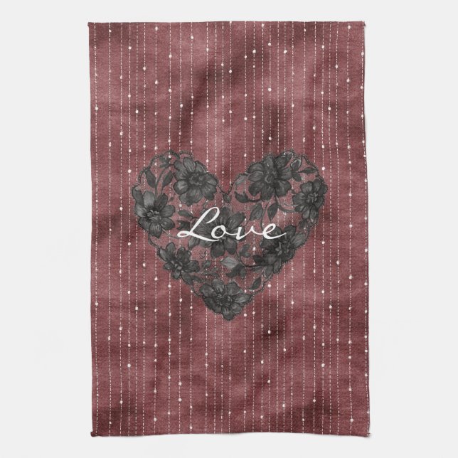 Burgundy Stripes Black Faux Lace Floral Heart  Geschirrtuch (Vertikal)