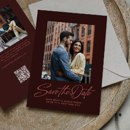 Burgundy stylish script two photo wedding save the date