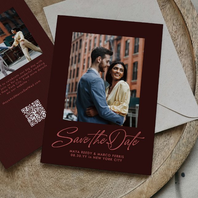 Burgundy stylish script two photo wedding save the date (Von Creator hochgeladen)