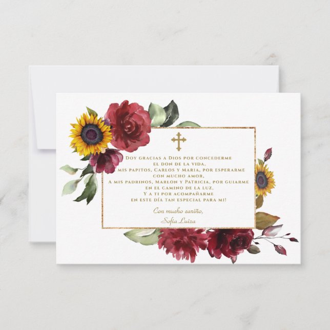 Burgundy Sunflower Gracias Con Oración Bautizo Dankeskarte (Vorderseite)
