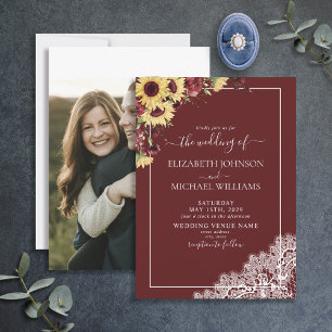 Burgundy Sunflower Rustic Script Foto Wedding Einladung