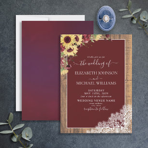 Burgundy Sunflower Rustic Wood Script Wedding Einladung