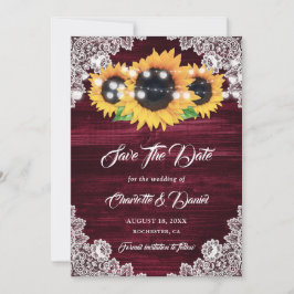 Burgundy Sunflower String Lights Floral Lace Wood Save The Date