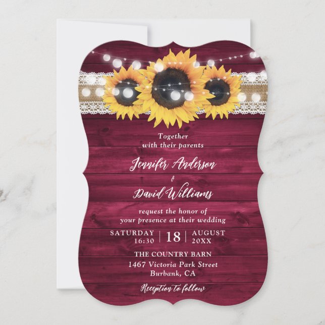 Burgundy Sunflower String Lights Wood Wedding Einladung (Vorderseite)