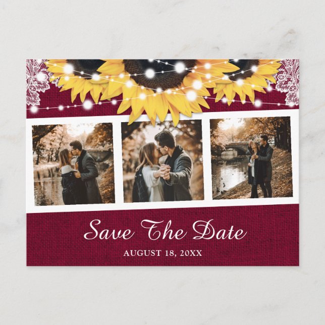 Burgundy Sunflower Wedding Foto Save the Date Ankündigungspostkarte (Vorderseite)