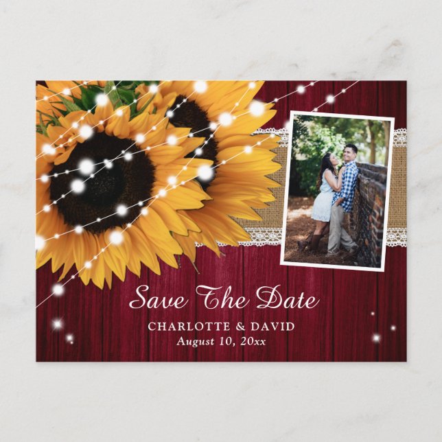 Burgundy Sunflower Wedding Foto Save the Date Ankündigungspostkarte (Vorderseite)
