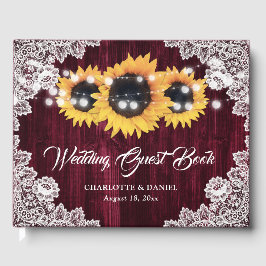 Burgundy Sunflower Wood Floral Lace Wedding Gästebuch