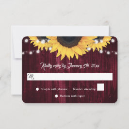 Burgundy Sunflower Wood String Lights Wedding RSVP Karte
