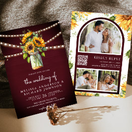 Burgundy Sunflowers Mason Jar QR Code Wedding Einladung