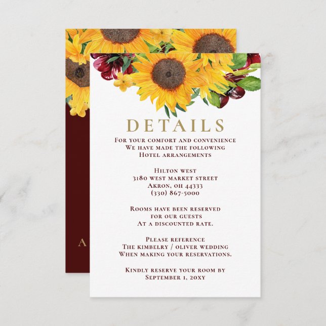 Burgundy Sunflowers Rustic Wedding Card Begleitkarte (Vorne/Hinten)