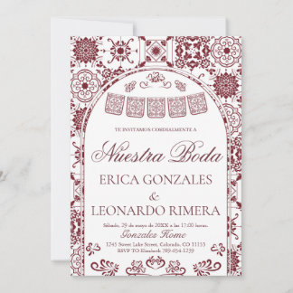 Burgundy Talavera Papel Picado Spanish Wedding Einladung