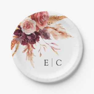 Burgundy Terracotta Floral Wedding Monogram Pappteller