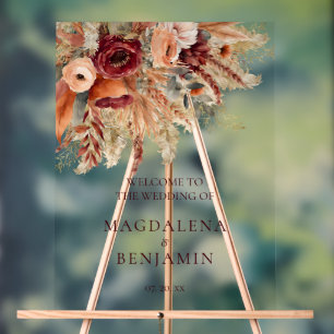 Burgundy Terracotta Florals Pampas Grass Wedding Acrylschild