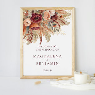 Burgundy Terracotta Florals Pampas Grass Wedding Poster