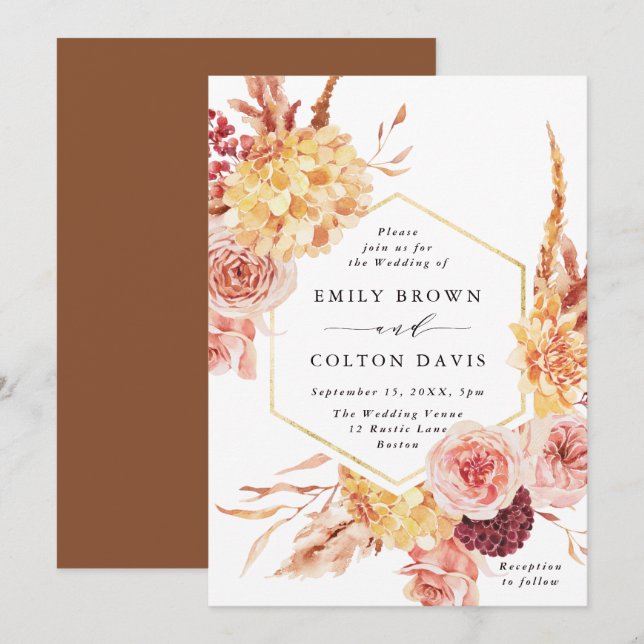 Burgundy Terracotta Gold Floral Wedding Einladung (Vorne/Hinten)