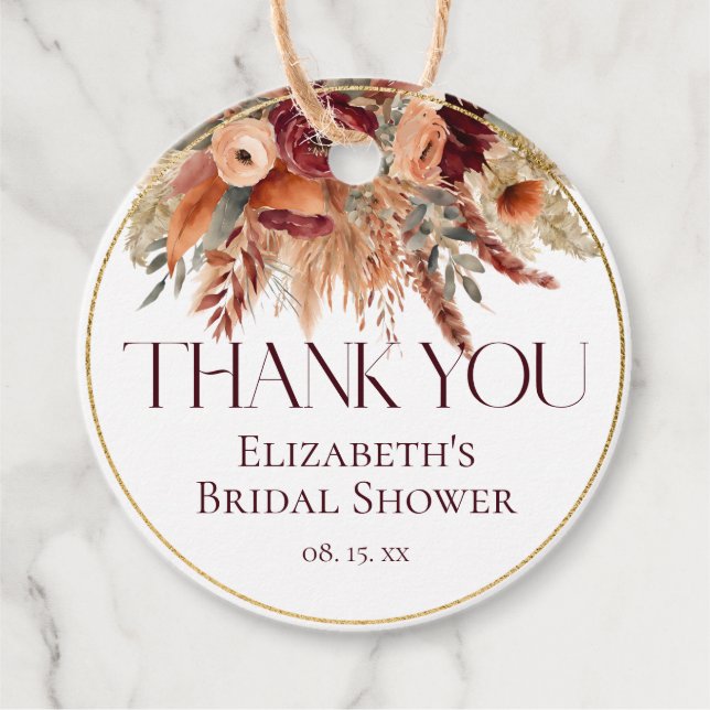Burgundy Terracotta Gold Florals Pampas Vielen Dan Geschenkanhänger (Vorderseite)
