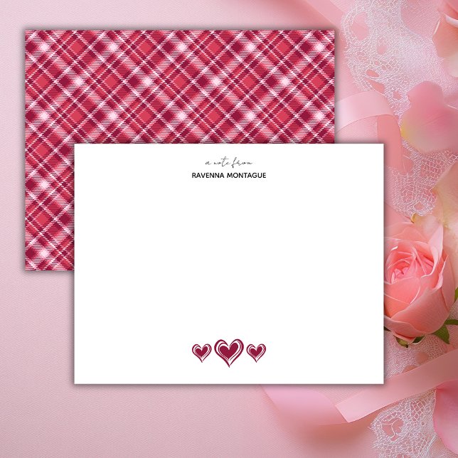 Burgundy Three Lace Hearts Retro Tartan Note Card Mitteilungskarte (Von Creator hochgeladen)