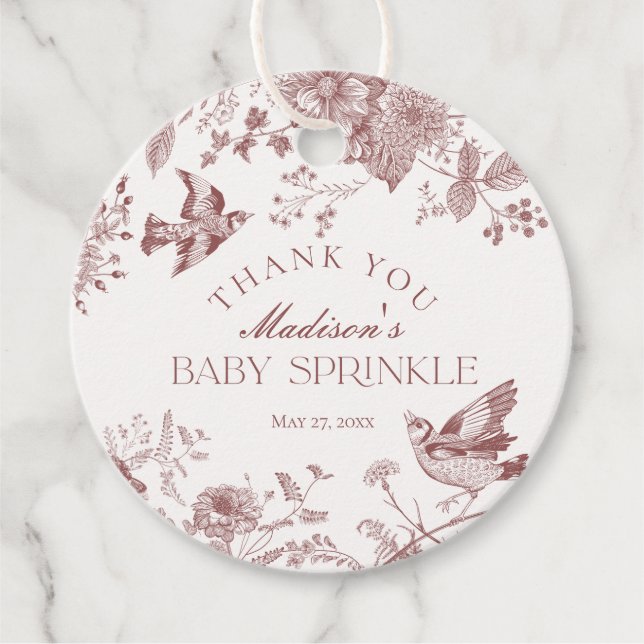 Burgundy Toile De Jouy Floral Baby Sprinkle Gefall Geschenkanhänger (Vorderseite)