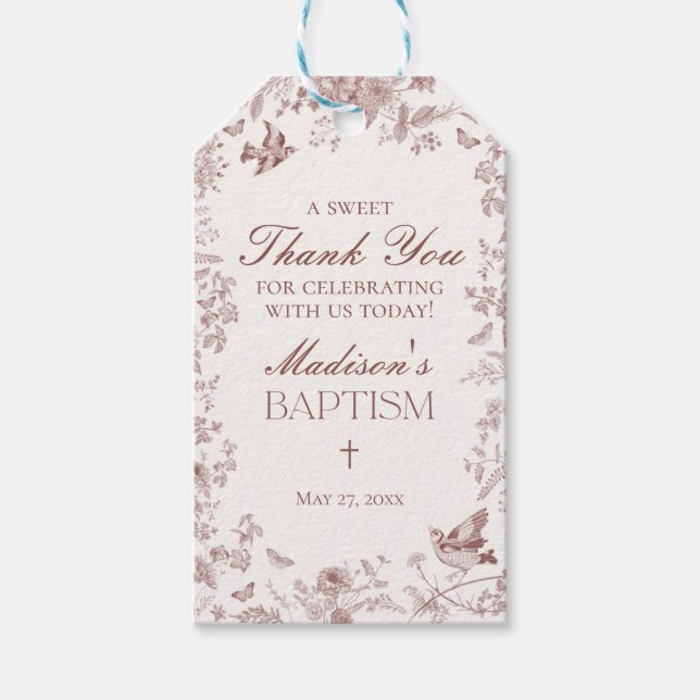 Burgundy Toile De Jouy Floral Baptism Favoriten Geschenkanhänger (Vorderseite)