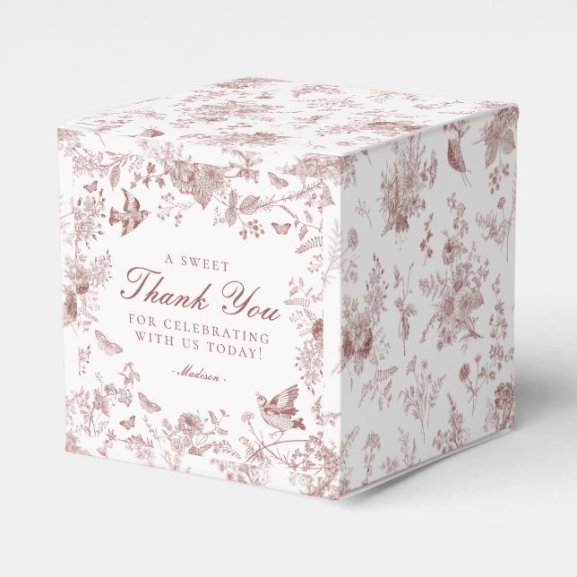 Burgundy Toile De Jouy Floral Dessert Gefälligkeit Geschenkschachtel (Vorderseite)