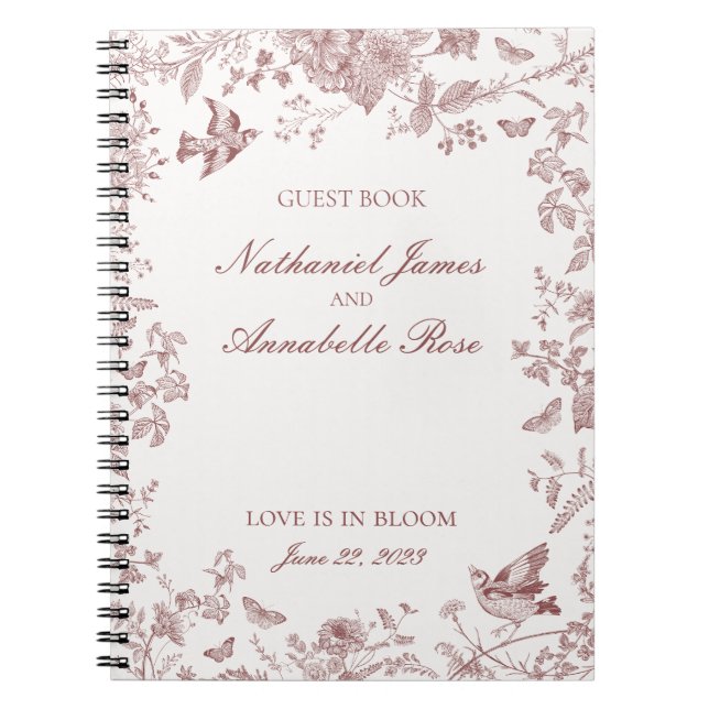 Burgundy Toile De Jouy Floral Wedding Guest Book Notizblock (Vorderseite)