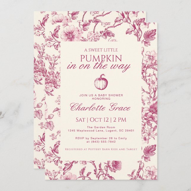 Burgundy Toile de Jouy Pumpkin Baby Showeinladung Dankeskarte (Vorne/Hinten)