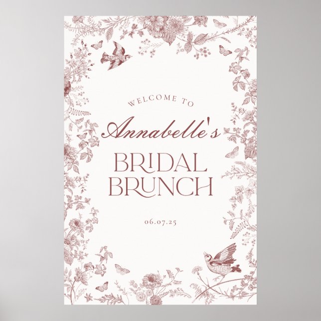 Burgundy Toile Floral Bridal Brunch Begrüßungszeic Poster (Vorne)