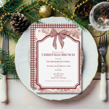 Burgundy Toile Gingham Weihnachts-Brunch Einladung