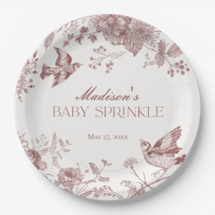 Burgundy Toile Jouy Vintag Floral Baby Sprinkle Pappteller