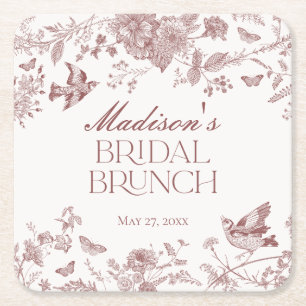Burgundy Toile Jouy Vintag Floral Bridal Brunch Rechteckiger Pappuntersetzer