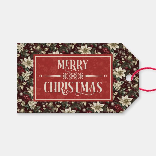 Burgundy Traditional Christmas Floral Geschenkanhänger (Vorderseite (Horizontal))