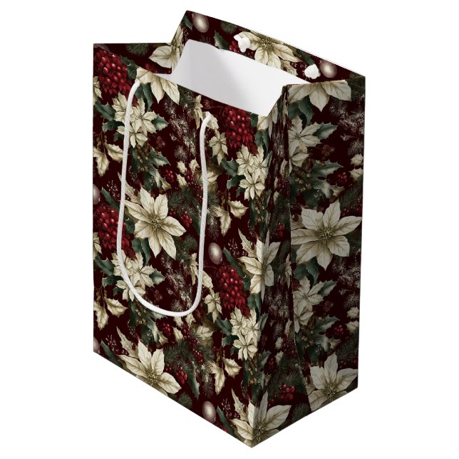 Burgundy Traditional Christmas Floral Mittlere Geschenktüte (Vorderseite Schrägansicht)