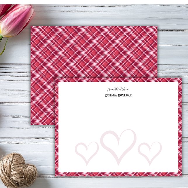 Burgundy Translucent Hearts Retro Tartan Note Card Mitteilungskarte (Von Creator hochgeladen)
