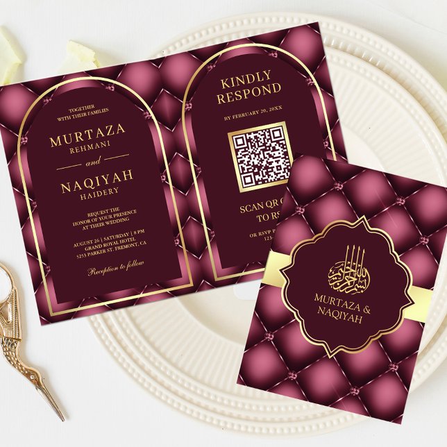 Burgundy Tufted Pattern QR Code Muslim Hochzeit Einladung (Von Creator hochgeladen)