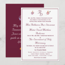 Burgundy Two Hearts Catholic Wedding  Invitation
